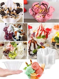 100入組花形設計清晰塑料碗，可重複使用的250ML花式冰淇淋和刨冰碗，厚實的杯子適用於冰淇淋，奶昔，優格等食品。適用於生日派對，家庭聚會，婚禮和其他節日