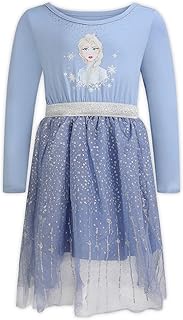 Frozen Girl's Elsa Long Sleeve Dress, Knee Length Casual Clothing for Kids