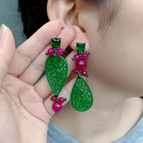 KKGEM 22x40mm Carved Green Jade 6mm-8mm Fuchsia Agate Green Rhinestone Stud Drop Earrings