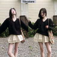 Loose-fitting Long-Sleeved V-Neck Blouse Set with Flared Hem Skirt TIBU Set of Simple Chic Women's O