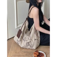 christy ng bucket Beg tangan besar Niche Design Retro Printed Linen Canvas Casual Tote Bag Female La