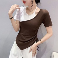 เสื้อยืดเชือกผูกคอแบบลำลองเสื้อเสื้อเชิ้ตสไตล์เกาหลีเซ็กซี่รัดรูปฤดูร้อนแขนสั้นแฟชั่นสำหรับผู้หญิง