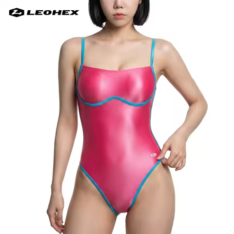 LEOHEX Glossy One Piece Swimsuit Women High Cut Unlined Shiny Bodysuit for Photo Shoot Private Wear