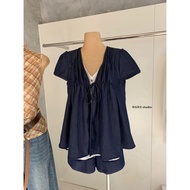 Set 【WGWE】 W8816 women's denim shirt with puffed sleeves and high-waisted A-shorts