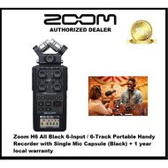 Zoom H6 All Black 6-Input / 6-Track Portable Handy Recorder with Single Mic Capsule (Black) + 1 year local warranty