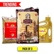 (Best selling pack of 3) India gate classic basmati rice 5kg, Aashirvaad Whole Wheat Flour 5kg, Saffola Gold Pro Healthy Lifestyle Vegetable Oil 2L, Atta, Rice, Oil, cooking essentials, super saver pack