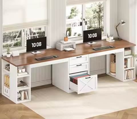 Farmhouse 96.5" 2 Person Computer Desk with Storage Drawers | Home Office Desk, Gaming Double Desk,