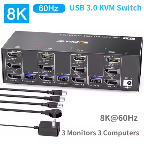 KVM Switch 3 Computers 3 Monitors HD-MI+ DisplayPort USB 3.0 KVM Switcher 8K@60Hz/4k@144Hz Triple Mo