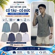 ALEXMAN A16 Shirt with German Collar Plaid Long Sleeve for School and Work Unisex Loose Form LINEN