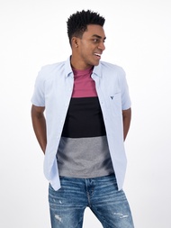 American Eagle เสื้อเชิ้ตผู้ชาย INT SS CF BTD YD SOLID OXFORD W EAGLE สี BLUE - 015-2105-400