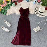 New Women Vintage Velvet Dress Summer Spaghetti Strap V-neck Sexy Bodycon Dress Ladies Elegant Party Long Robe Vestidos