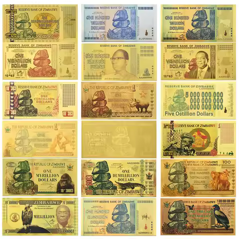 19 Zimbabwe Gold Foil Banknotes 100 Trillion One Hundred Yottalillion Dollars with UV Collection Hol