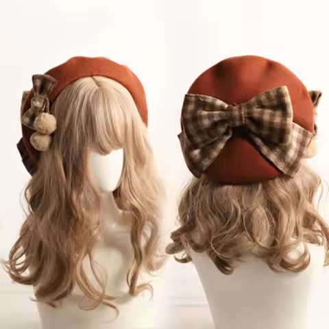 Kawaii Beret Hat Lolita Teenage heart Sweet Woolen Handmade Cute Plaid Bowknot Warm Autumn Winter Pa