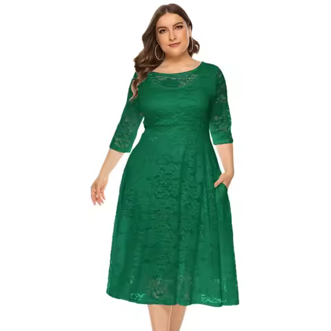 2024 Spring Elegant African 3/4 Sleeve O-neck Lace Plus Size Midi Dress Dashiki African Dresses for 