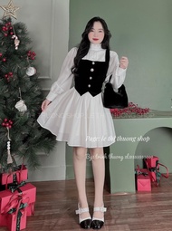 Đầm tiểu thư tay phồng cổ trụ mix áo gile váy basic xòe style Hàn Quốc điệu đà