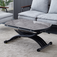 找得 - 簡約兩用小戶型免安裝圓形可折疊伸縮智能多功能升降茶几餐桌 13016（N-5-2側拉意大利灰岩板黑架105實木生態板 不帶電磁爐款）