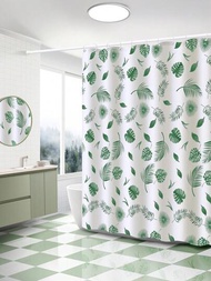 1入組白/綠色波浪圖案Peva淋浴簾，帶掛勾，抗菌，防水，防霉，適用於浴室、洗手間、門或窗簾
