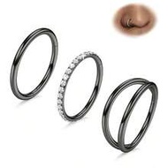 3pcs 316L Stainless Steel Double Hoop Nose Rings, 16G/18G/20G Hinged Zirconia Nose Septum Piercing J