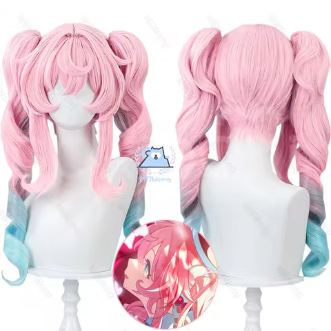Honkai Star Rail Hyacine Cosplay Wig Pink Double Ponytail Hair Tail Blue Gradient Amphoreus Hallowee