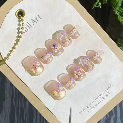 10Pcs 3D Flower Handmade Press on Nails French Fake Nails Wearable Stick-on Nails False Nail French 