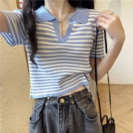 Lazy Style Striped POLO Collar short-sleeved sweater t-Shirt 2023 Spring Design High-End Niche chic Tops chic chic gentle V-neck short- sweater 4.3