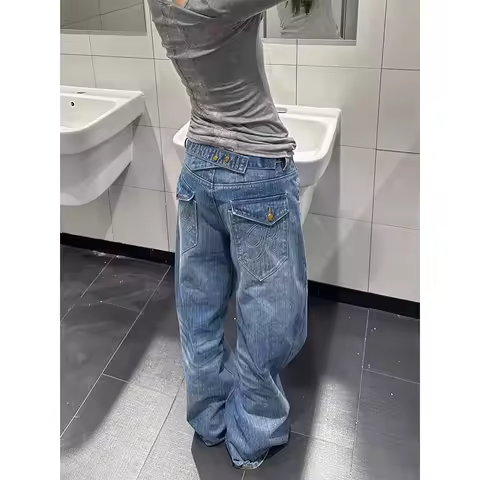 Women Blue Baggy Y2k Grunge Cargo Jeans Vintage Wide Jean Pants Hip Hop Oversize Denim Trouser Japan