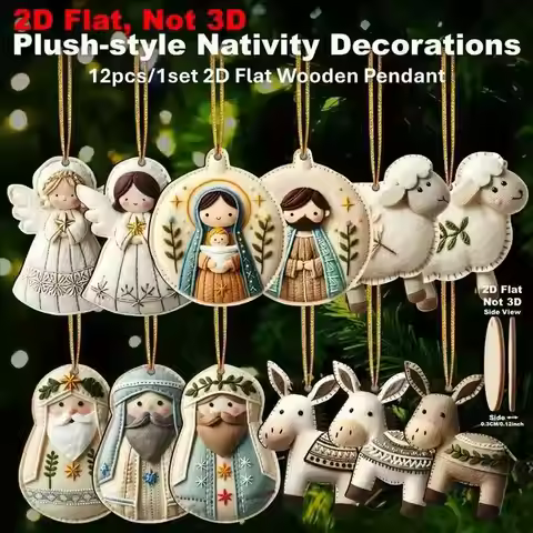 12pcs Christmas Wooden Pendant Set - Jesus Our Lady Angels Sheep - Festive Party Decorations Merry C