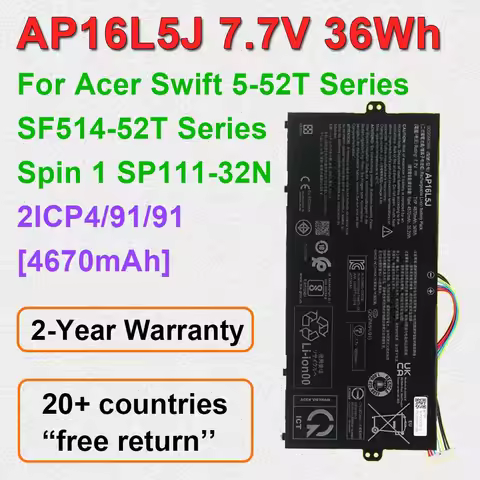 Laptop Battery AP16L5J For Acer Swift 5-52T SF514-52T-59YX Aspire SF514 Spin 1 SP111-32N Series 7.7V