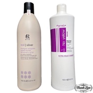 Combo of anti-yellowing purple shampoo and purple conditioner for bleached hair care Fanola No Yello