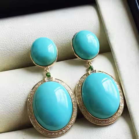 Fashion vintage Turquoise Drop Earings Original Glossy Blue Green Oval earrings for women Wedding Si