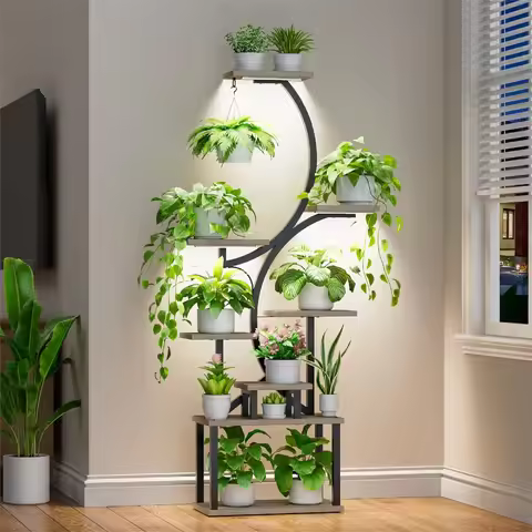 Plant Stand with Grow Lights for Indoor Plants, 8-Tier S-Shaped Corner Shelf, Full Spectrum Light, S