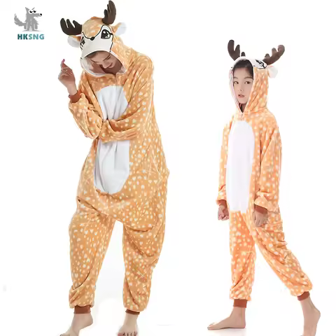 Flannel Adult Kigurumi Deer Onesie Cartoon Pajama Animal Christmas Halloween Party Costume Jumpsuits