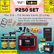 PapaStop P250 Energizer 1.6MM Set for 3.0 - 7.0 Acres (AC/DC) Aluminium Wire Solar Panel Electric Fe