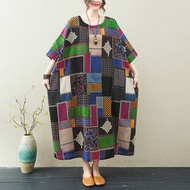 Oladivi Plus Size L-10XL Oversized Dress Women Fashion Plaid Print Cotton Linen Long Dress 5301 KCJ 