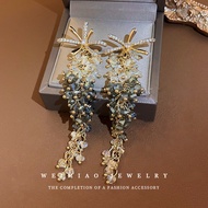 Silver Needle Zircon Flower Crystal Long Tassel Earrings Exaggerated Heavy Craft Personality Earring