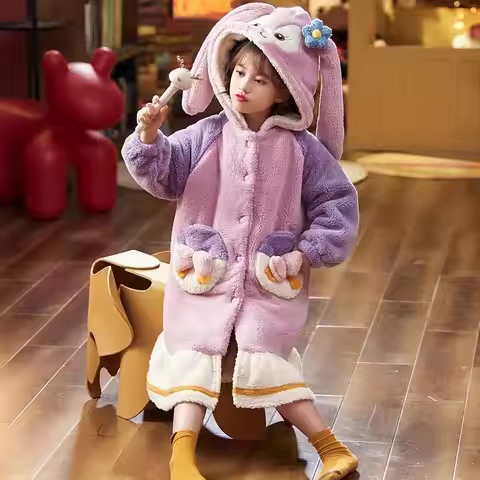 Disney Stellalou Children Pajamas Set Cartoon Flannel Thicken Fashion Girls Hooded Warm Night-Robe S