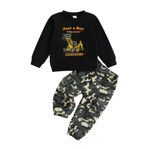 Boys Autumn 2Pcs Pants Sets Long Sleeve O Neck Excavator Print Tops Camouflage Pants Sets 12M-6T