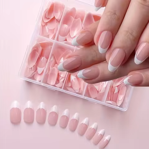 120 PCS Box Almond Shaped Pink Nail Piece White French Press On Nails Almond Shape Press on Nails Yo