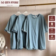 Women's loose-fitting, long-sleeved denim shirt with ruffles - Korean-style T-shirt - A7