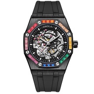 ONOLA Mens watch New Rainbow Diamond Automatic Mechanical Watch Mens Silicone Band Waterproof Watch 