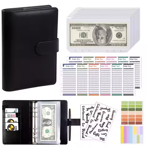 PU Leather Budget Binder With Cash Envelopes Pockets Zip Small French Budget Pouch Binder For Saving