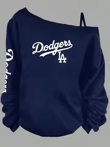Dodgers LA Baseball Team Off - The - Shoulder Long - Sleeve Sweatshirt, Stylized 'Dodgers' Cursive