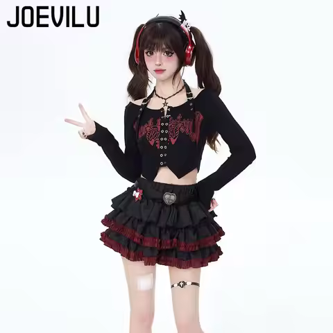 JOEVILU Punk Y2K Baddie Set Dark Slim-Fit Cake Skirt Edgy Halter Crop Tops Two Piece Sets Women's Ko