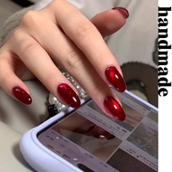 Press on nails handmade [Flaming Red Streamer] Rich Red Glass Beads Cat's Eye Fake nails Red Flame G
