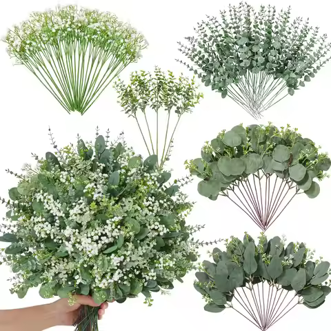 Artificial Greenery Eucalyptus Stems Bulk Babys Breath Fake Silver Dollar Leaves DIY Bouquet Wedding
