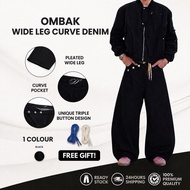 Ombak Curve Denim Jeans | Asymmetric Waist Wide Leg Jeans | Streetwear Baggy Denim Pants | Relaxed F