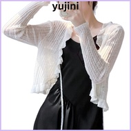 YUJINI Sun-Proof Tops, V-Neck Long Sleeve Knitted Cardigan, Fashion Thin Ruffled Trim Tie Front Outw