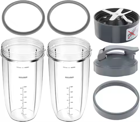 8pcs Blender Replacement Part W/ 2 Mixing Cups 32 Oz / Extractor Blade/Flip-Top To-Go Lid Ring / 2 R