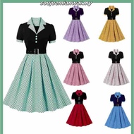 Fashion Summer Short Vintage Casual Women's Dress Elegant Polka Dot Print Patchwork Turn Down Collar