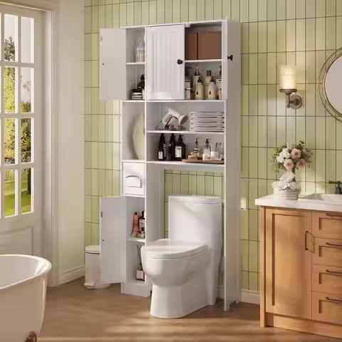 Asofer Over The Toilet Storage Cabinet With Adjustable Shelves And Five Doors, Over Toilet Bathroom 